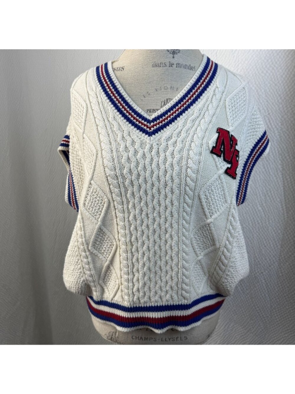 Blue Rain Francesca's Louella Varsity NY Patch Pullover V-Neck Sweater Vest - Picture 3 of 8